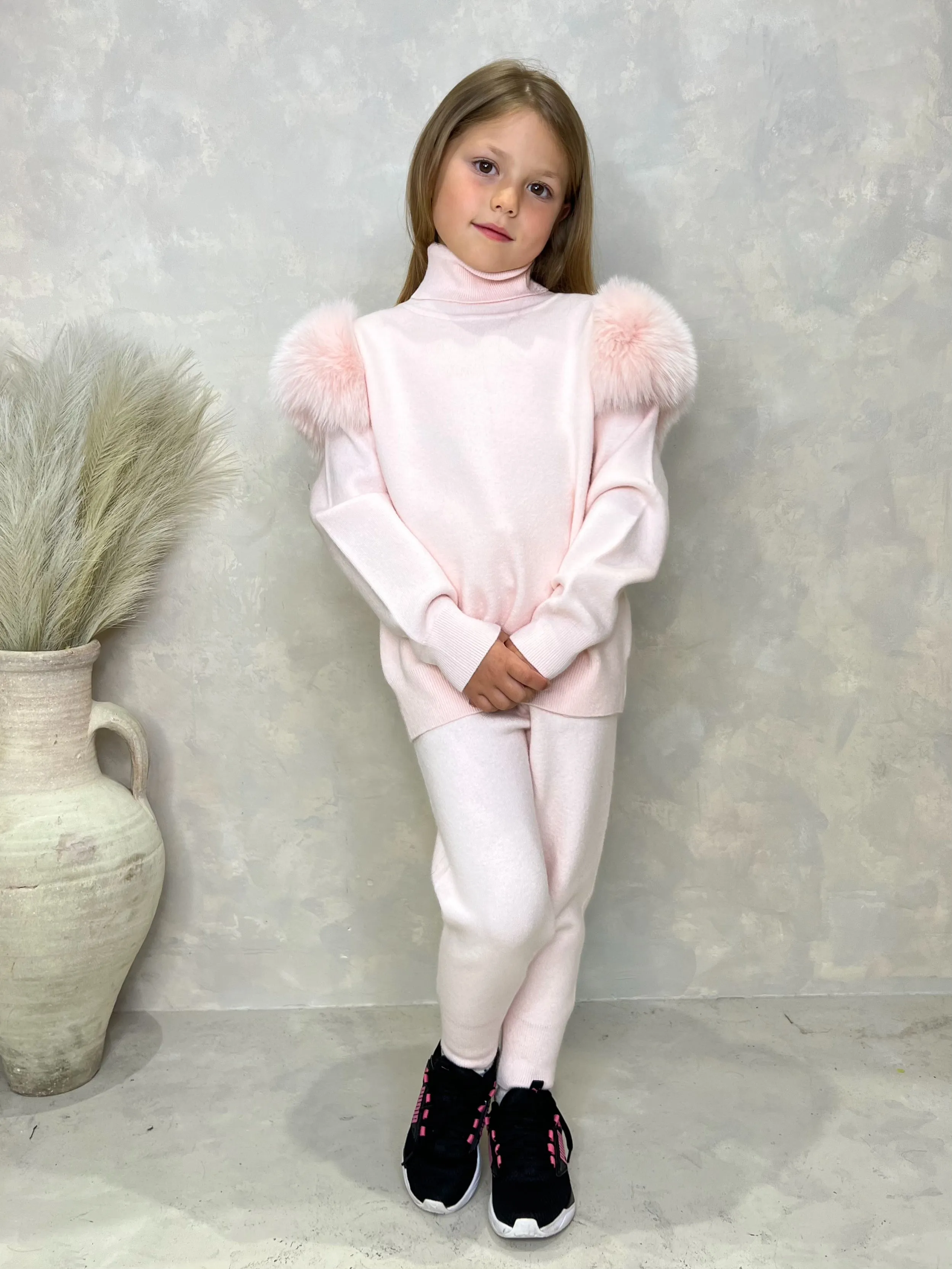 Childrens Baby Pink Luxury Fur Roll Neck Jogger Tracksuit