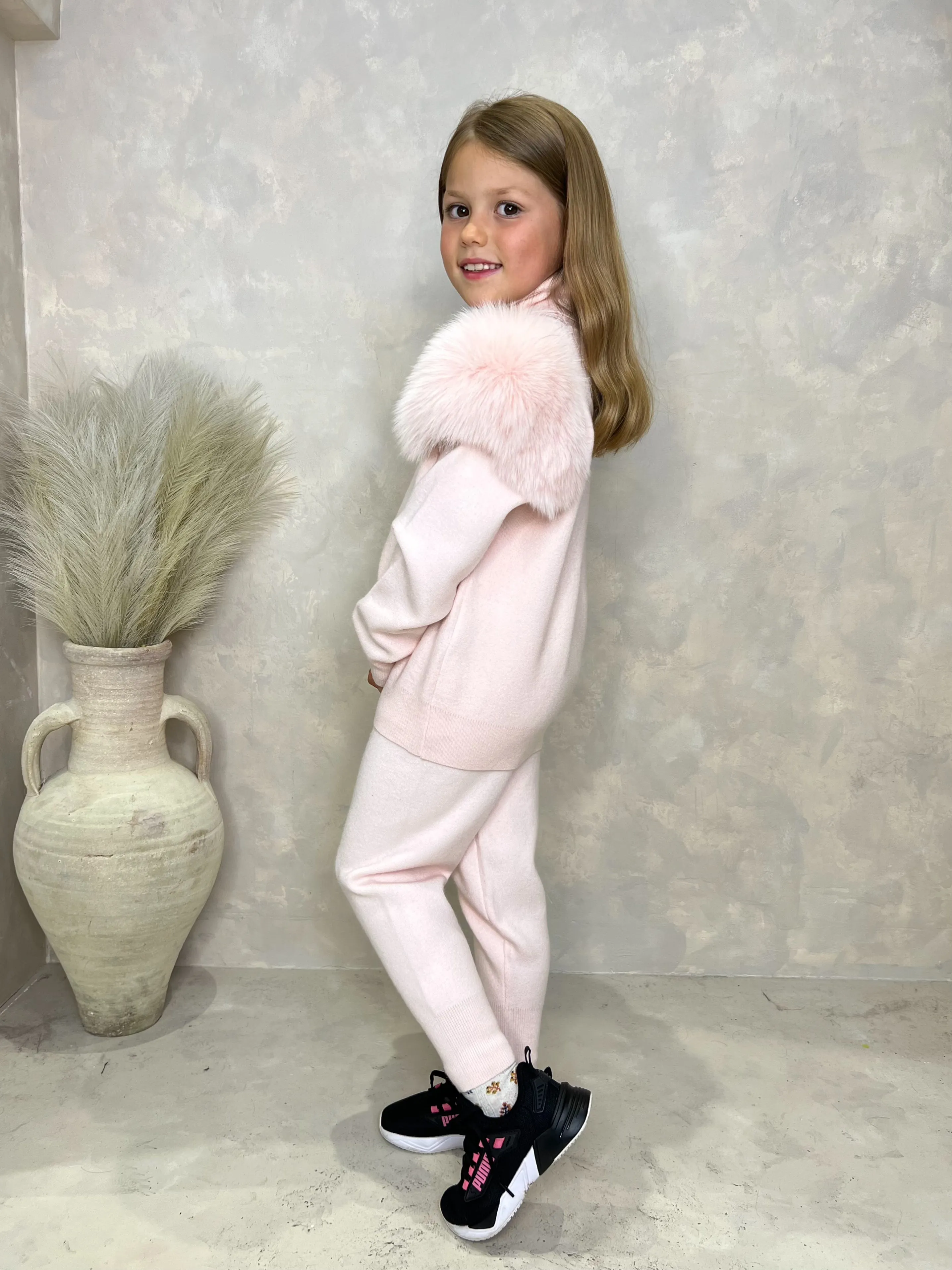 Childrens Baby Pink Luxury Fur Roll Neck Jogger Tracksuit