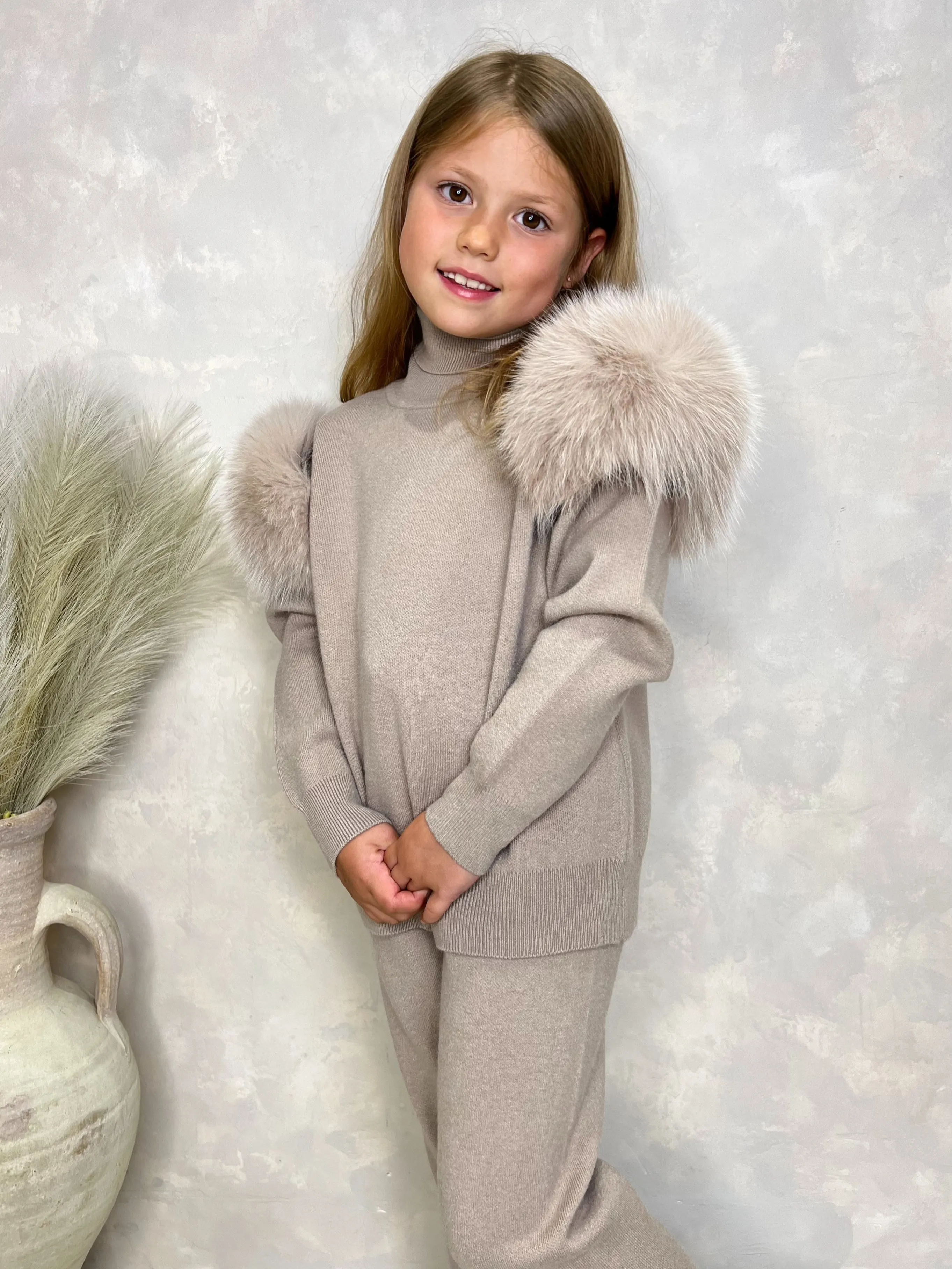 Childrens Beige Luxury Fur Roll Neck Jogger Tracksuit
