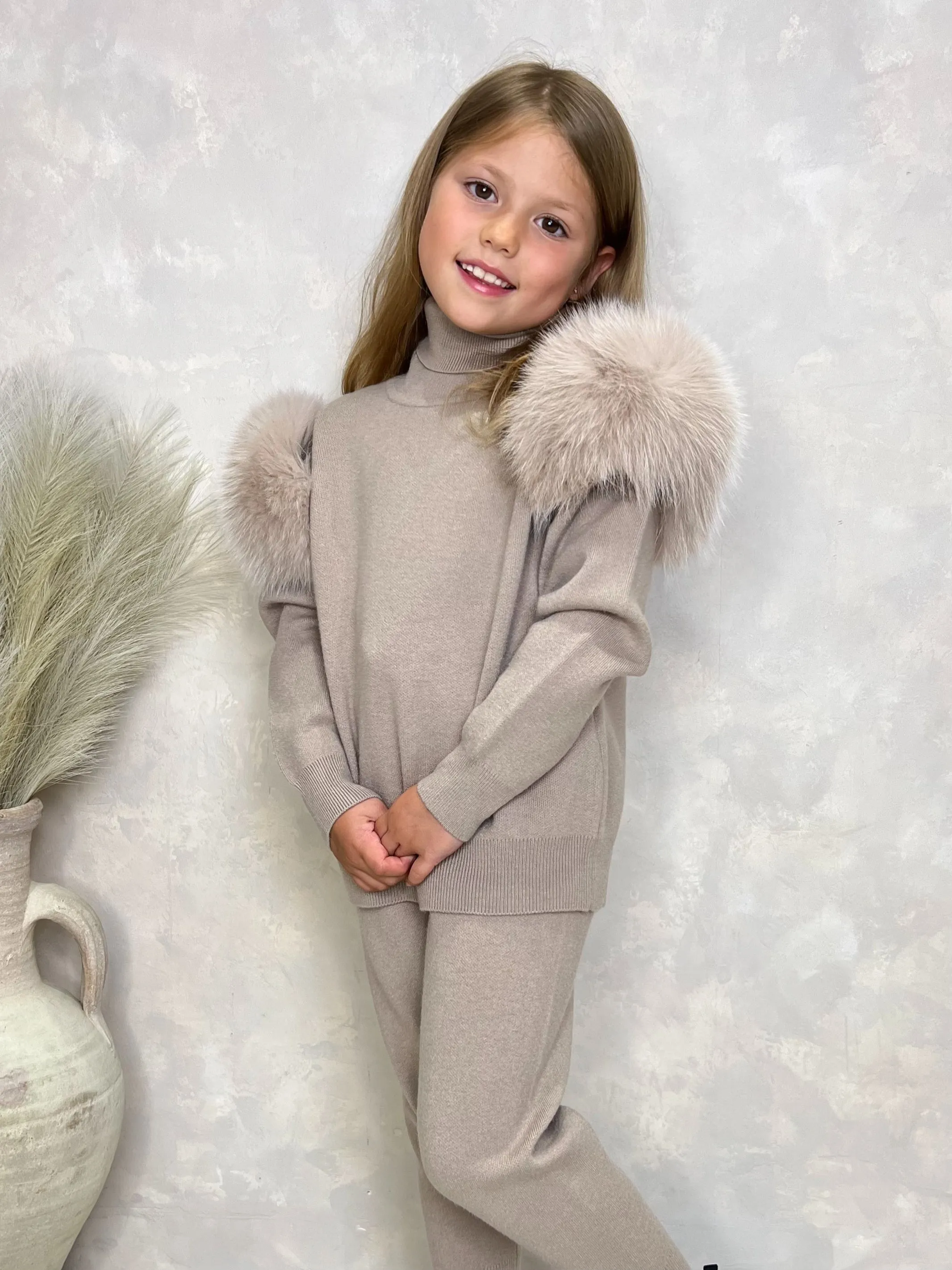 Childrens Beige Luxury Fur Roll Neck Jogger Tracksuit