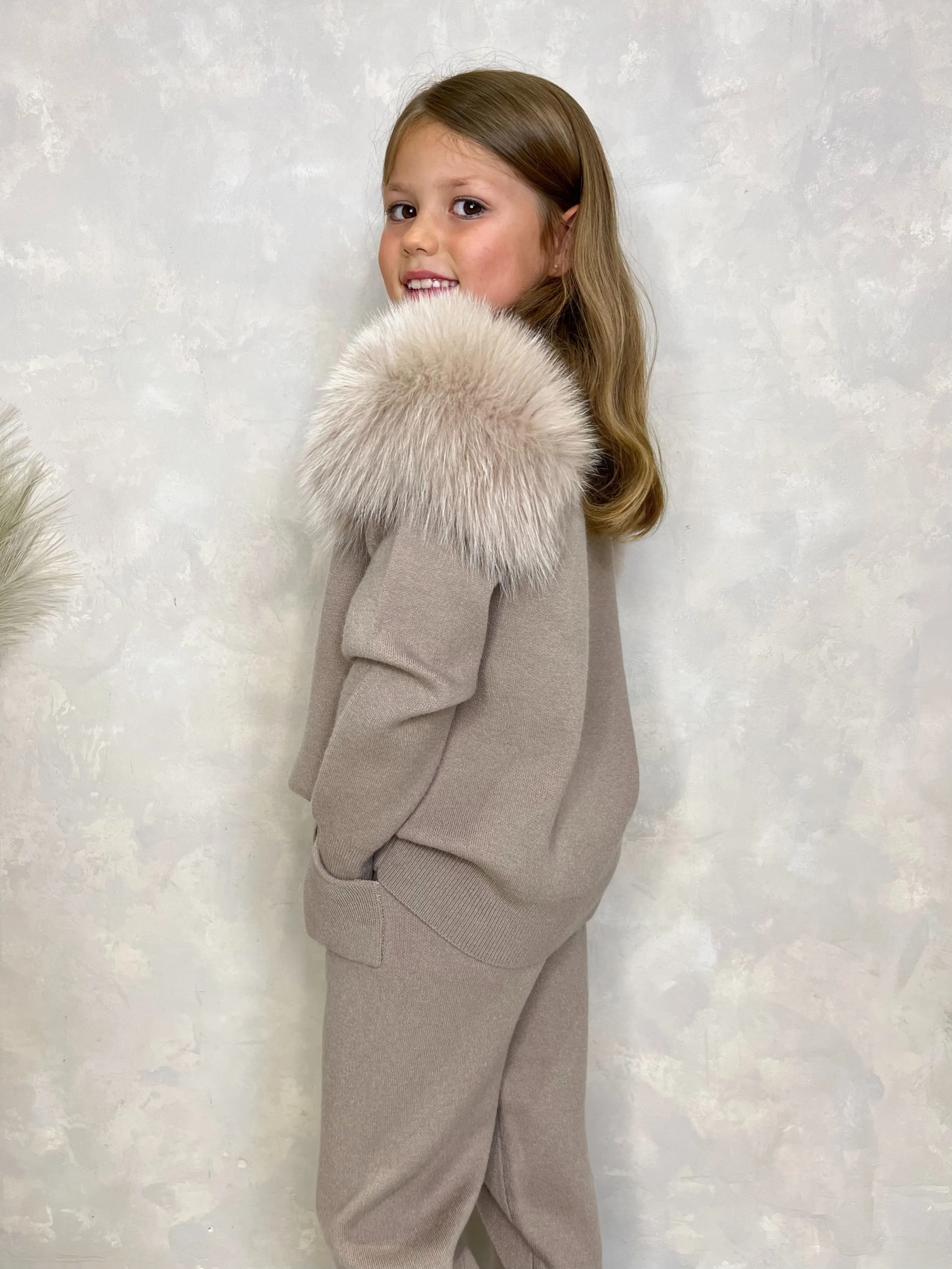 Childrens Beige Luxury Fur Roll Neck Jogger Tracksuit