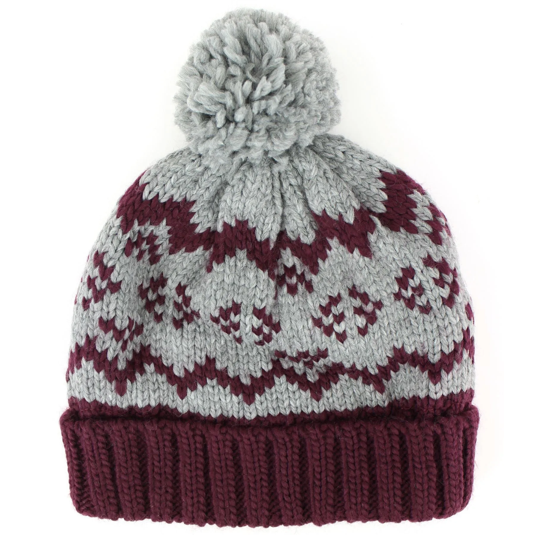 Children's Fairisle Beanie Bobble Hat - Maroon