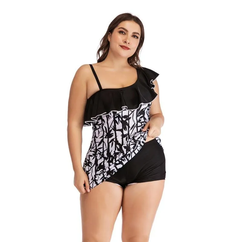 Girl’s Swimsuit plus Size Bamboo Leaf Slimming Printed-Style Boxer Sweat-Absorbent Breathable Sexy Swimwear