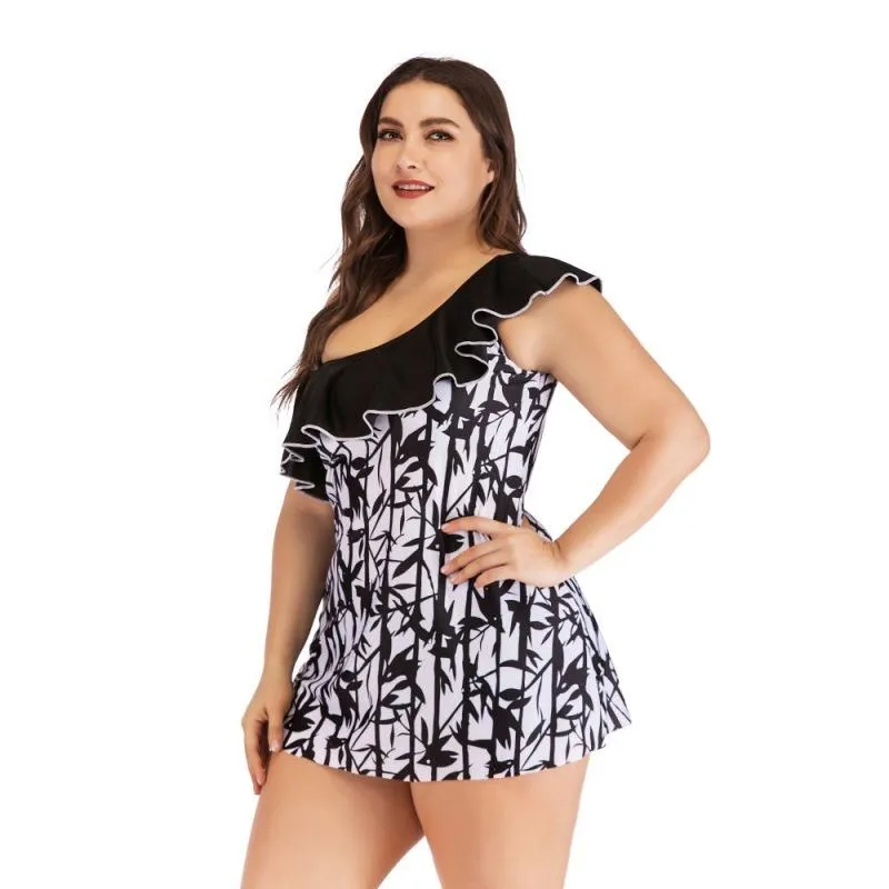 Girl’s Swimsuit plus Size Bamboo Leaf Slimming Printed-Style Boxer Sweat-Absorbent Breathable Sexy Swimwear