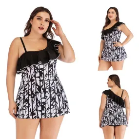 Girl’s Swimsuit plus Size Bamboo Leaf Slimming Printed-Style Boxer Sweat-Absorbent Breathable Sexy Swimwear