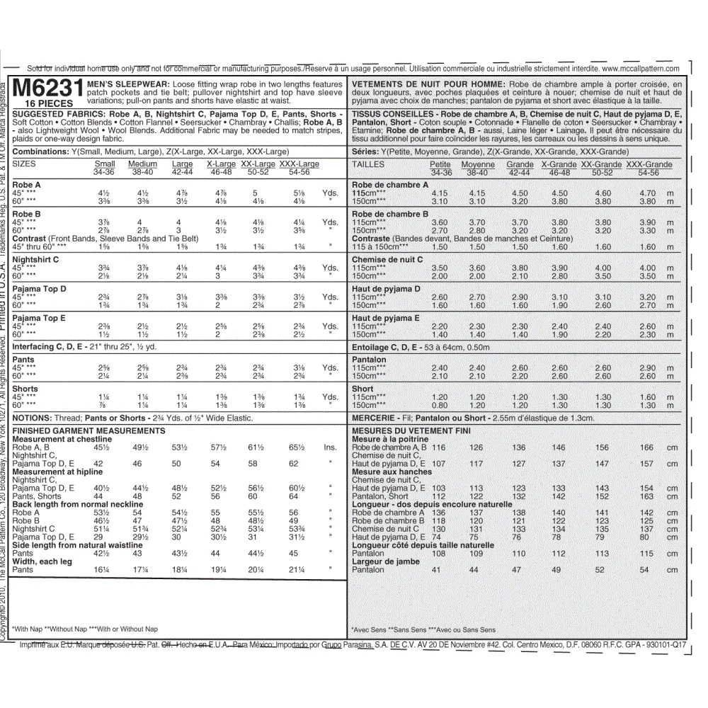 McCalls 6231 / Mens Pajamas   Robes