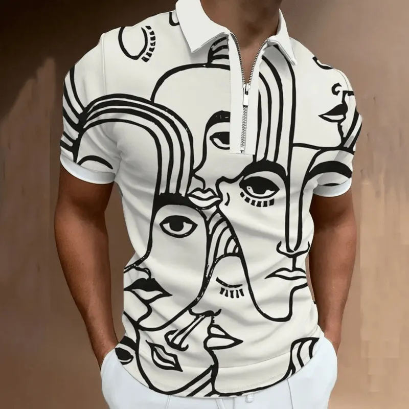 Mens Fashion Casual Graphic Print Polo Half Zipper Polo Shirt