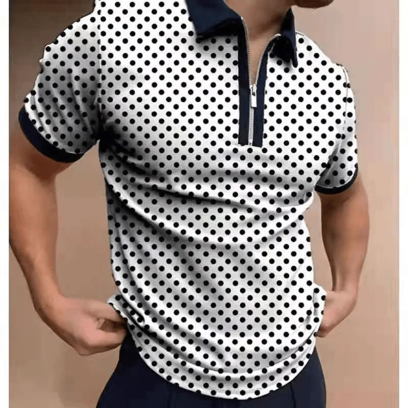 Mens Fashion Casual Graphic Print Polo Half Zipper Polo Shirt