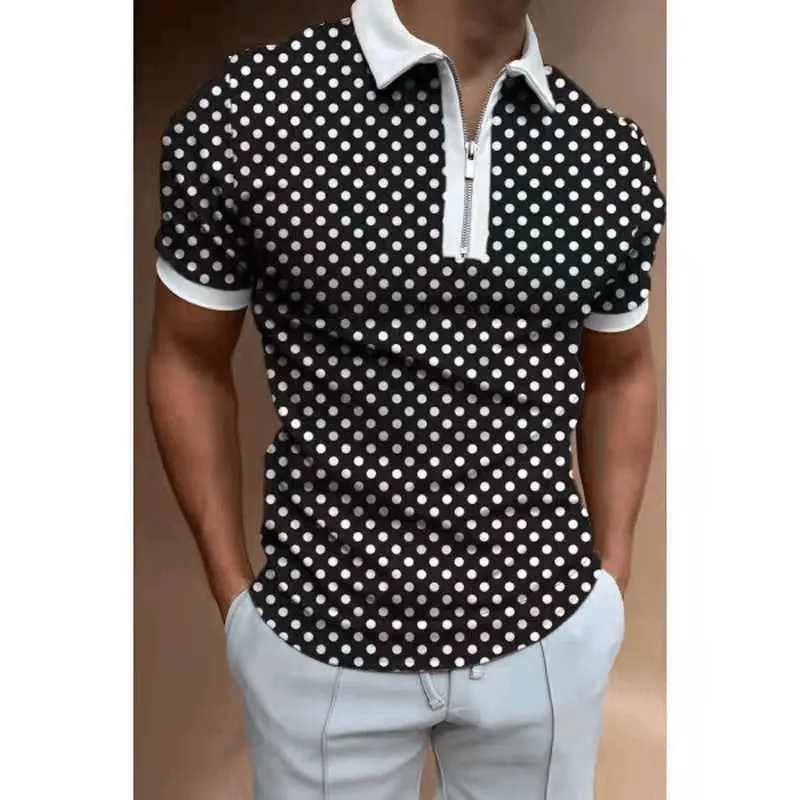 Mens Fashion Casual Graphic Print Polo Half Zipper Polo Shirt