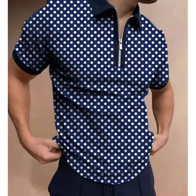 Mens Fashion Casual Graphic Print Polo Half Zipper Polo Shirt