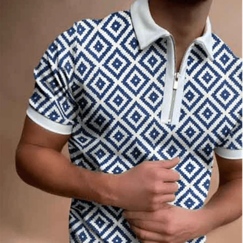 Mens Fashion Casual Graphic Print Polo Half Zipper Polo Shirt