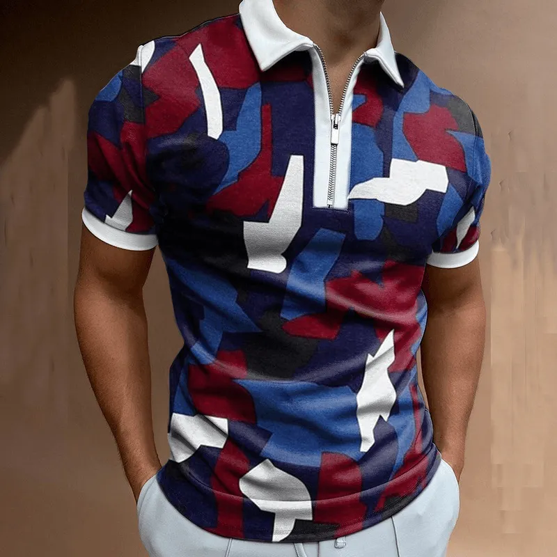 Mens Fashion Casual Graphic Print Polo Half Zipper Polo Shirt