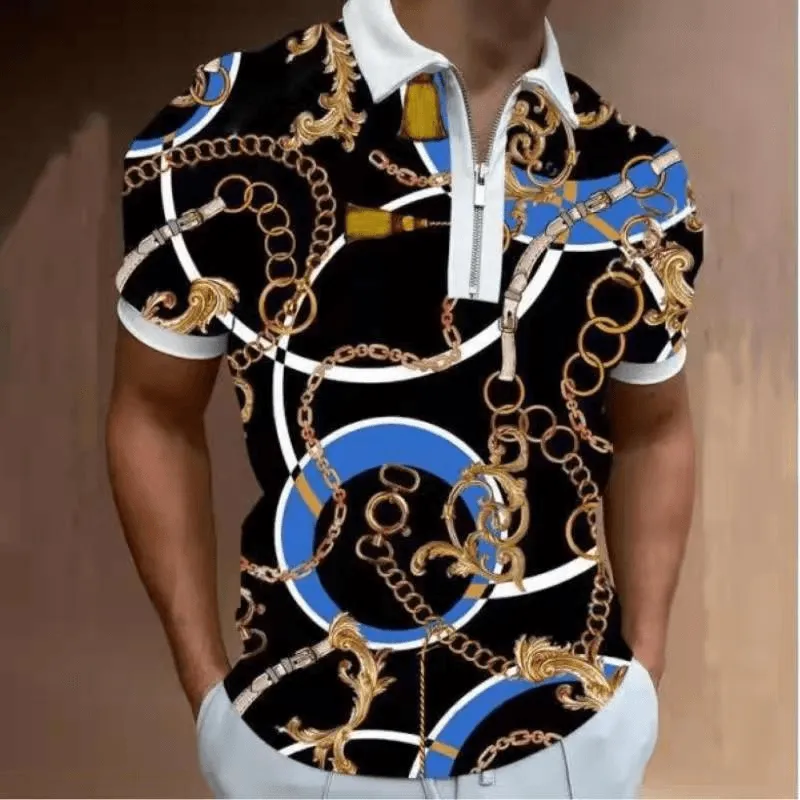 Mens Fashion Casual Graphic Print Polo Half Zipper Polo Shirt