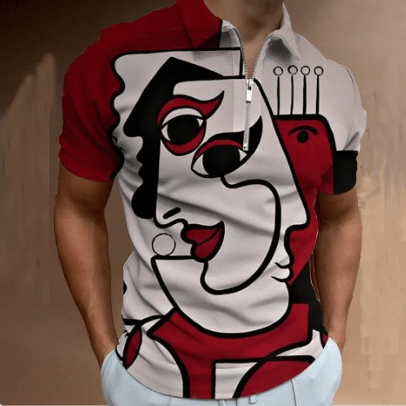 Mens Fashion Casual Graphic Print Polo Half Zipper Polo Shirt