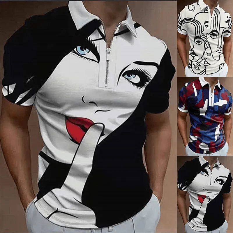 Mens Fashion Casual Graphic Print Polo Half Zipper Polo Shirt