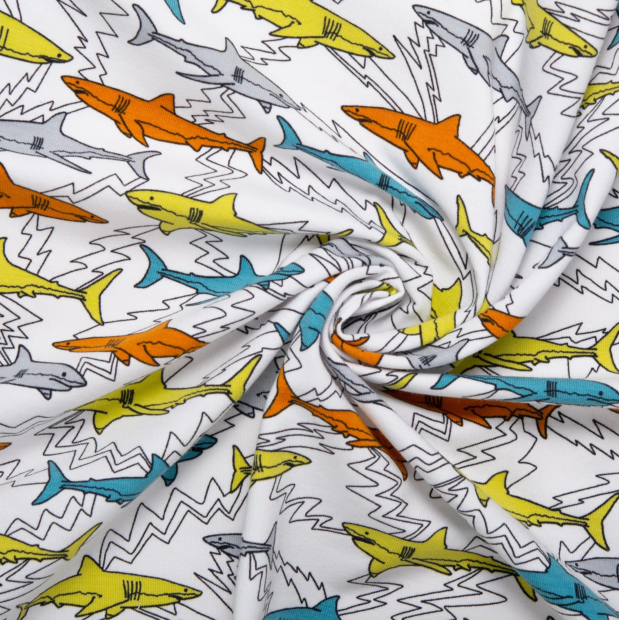 ORGANIC Cotton Lycra Printed Knit - Sharks - White