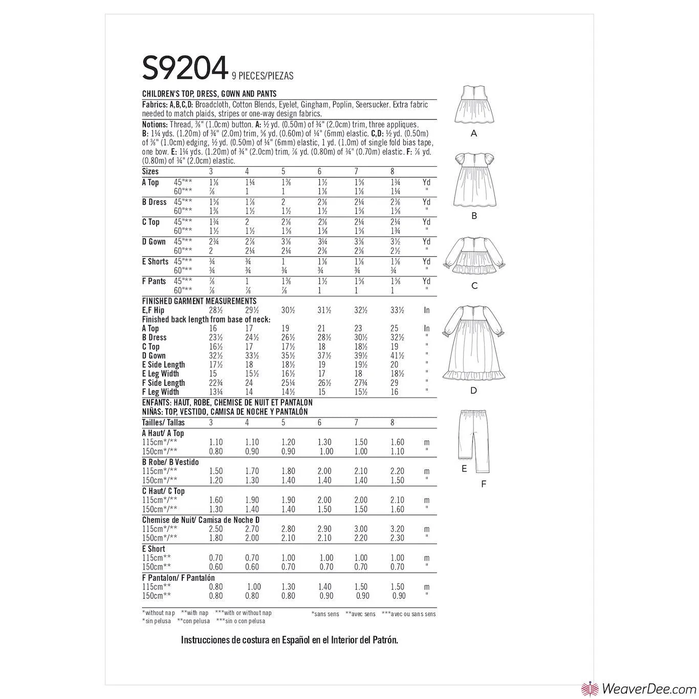 Simplicity Pattern S9204 Children's/Girls' Gathered Tops, Dresses, Gown & Pants
