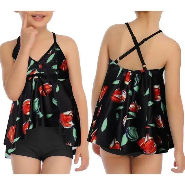 Stylish Girls' Sleeveless Floral Print Swimsuit Two Pieces