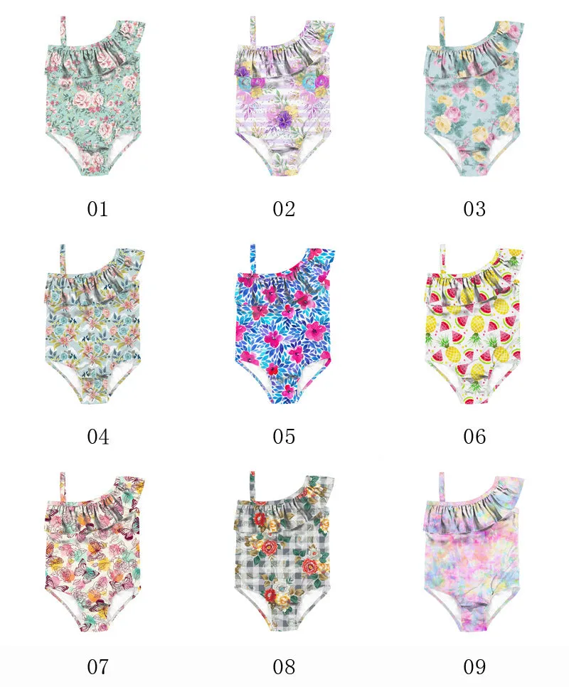 Swimsuit cross-border children's baby girls pink floral diagonal shoulder ruffled swimwear