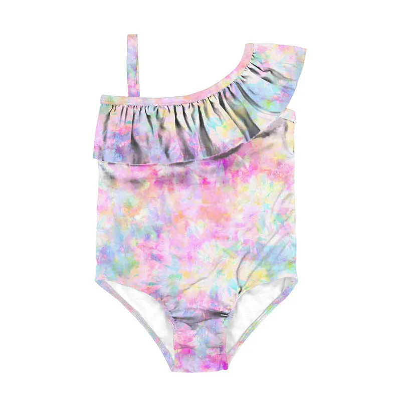 Swimsuit cross-border children's baby girls pink floral diagonal shoulder ruffled swimwear