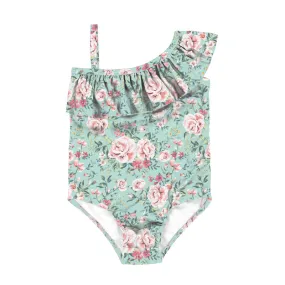Swimsuit cross-border children's baby girls pink floral diagonal shoulder ruffled swimwear