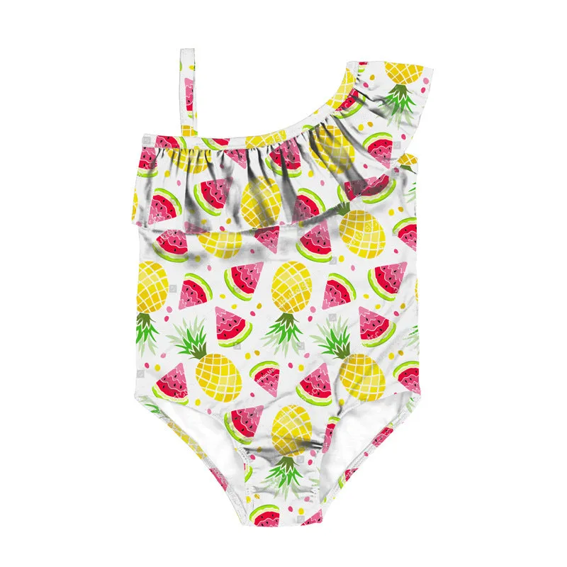 Swimsuit cross-border children's baby girls pink floral diagonal shoulder ruffled swimwear