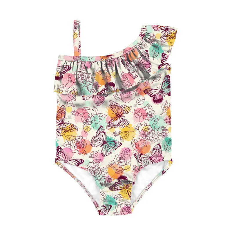 Swimsuit cross-border children's baby girls pink floral diagonal shoulder ruffled swimwear