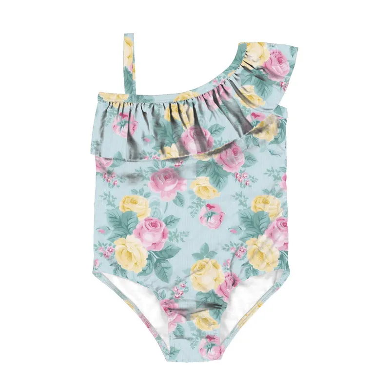 Swimsuit cross-border children's baby girls pink floral diagonal shoulder ruffled swimwear