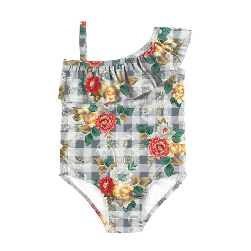 Swimsuit cross-border children's baby girls pink floral diagonal shoulder ruffled swimwear