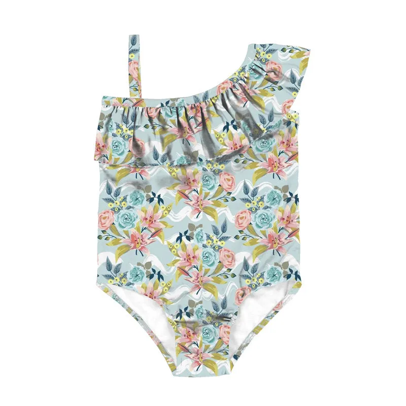 Swimsuit cross-border children's baby girls pink floral diagonal shoulder ruffled swimwear