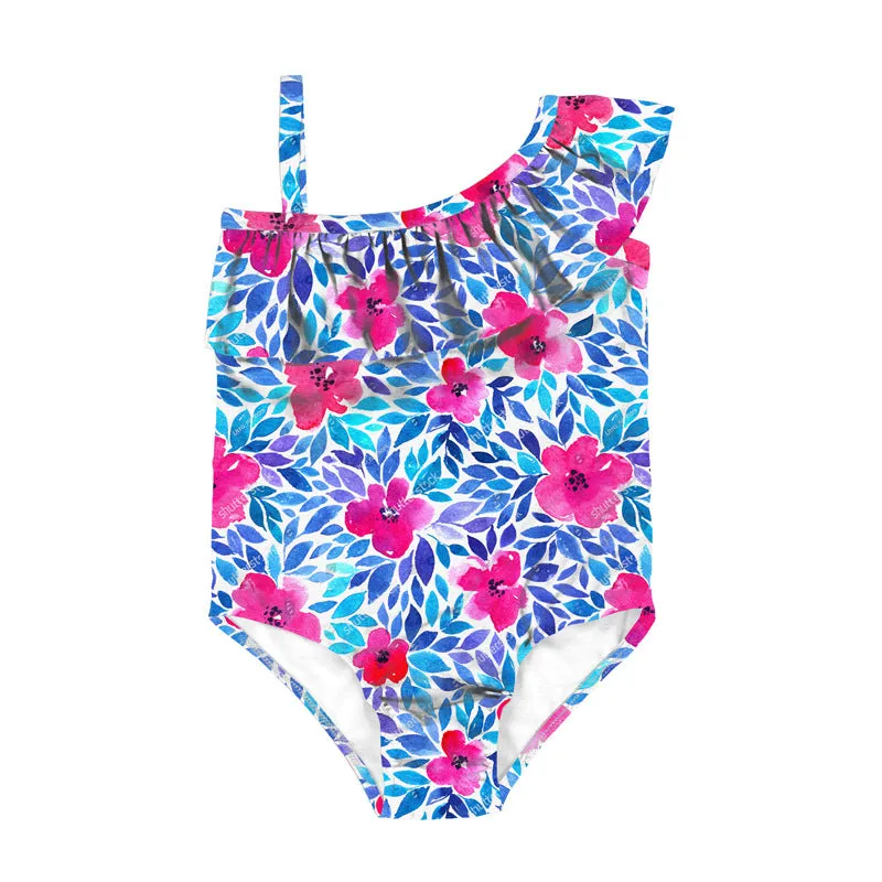 Swimsuit cross-border children's baby girls pink floral diagonal shoulder ruffled swimwear