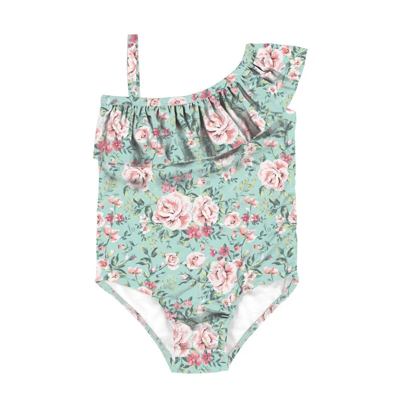 Swimsuit cross-border children's baby girls pink floral diagonal shoulder ruffled swimwear