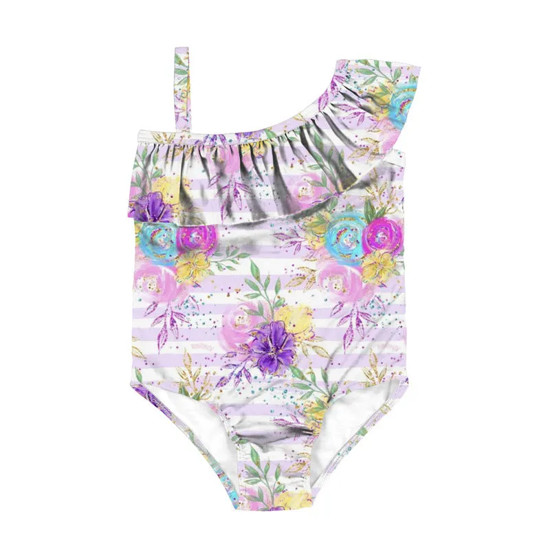 Swimsuit cross-border children's baby girls pink floral diagonal shoulder ruffled swimwear