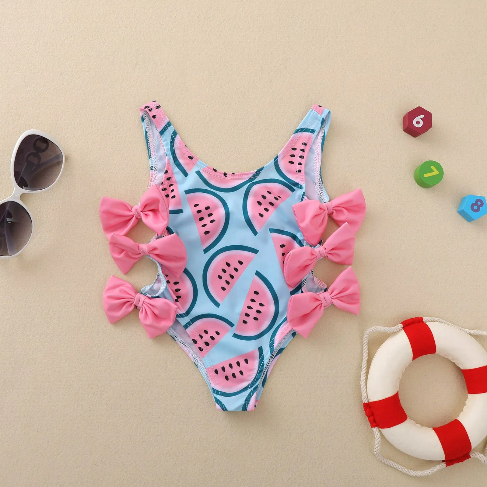 Swimsuit Cross-Border Children's Clothing Ins Girls' One-Piece Watermelon Printing Bow swimwear