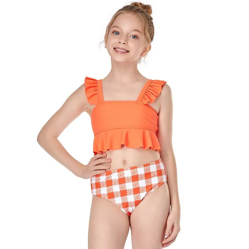 Swimsuit Europe new girls  small lotus leaf side split swimwear children's bikini spot