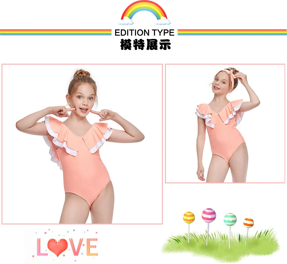 Swimsuit New Children's  Exclusive for Cross-Border Girls' One-Piece Double Ruffle Swimwear