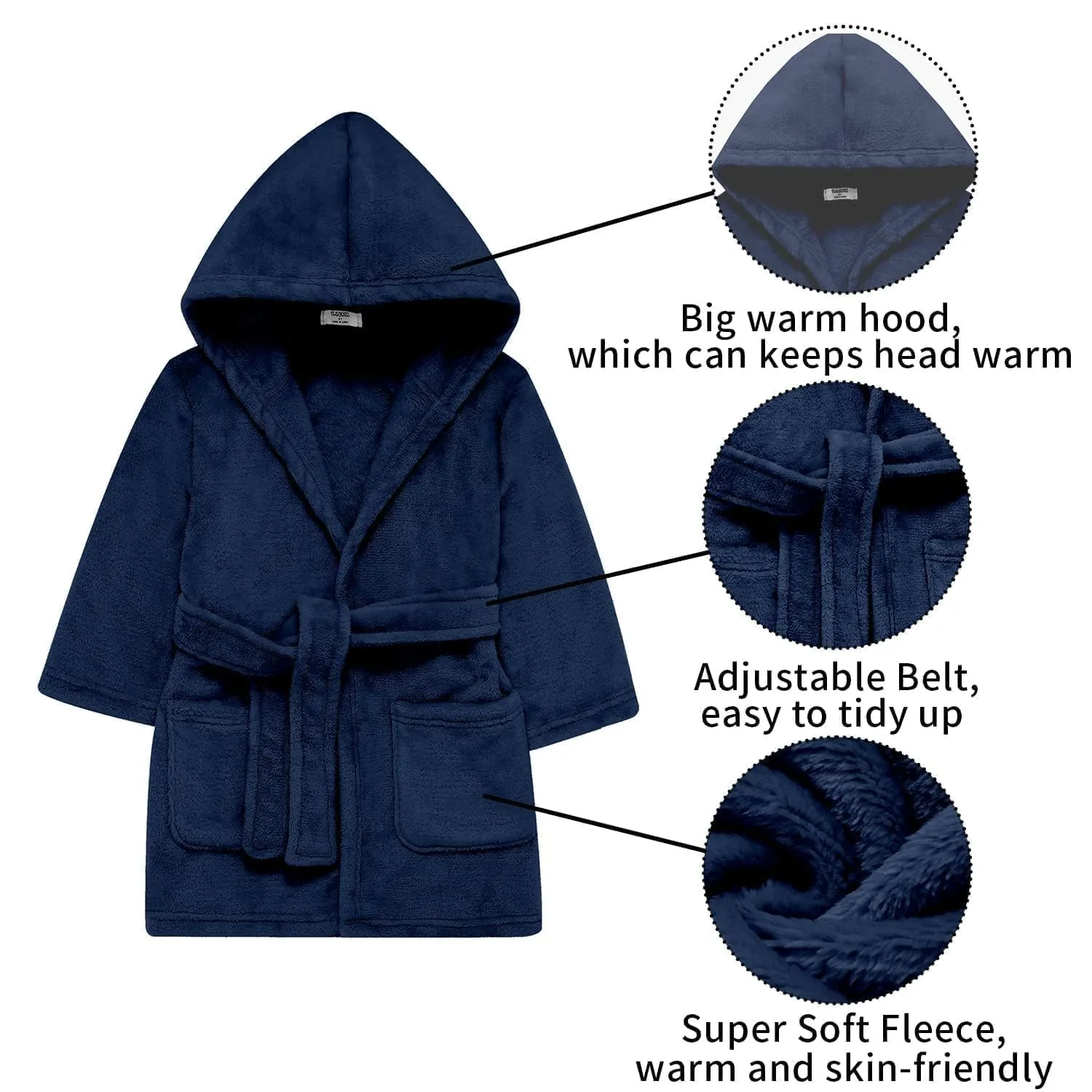 V.&GRIN Boys Fleece Robe, Hooded Toddler Soft Fuzzy Bathrobe for Kids 3-14 Years（Navy 7-8